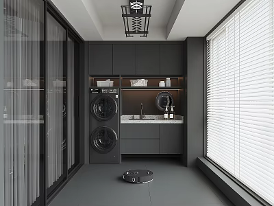 Modern Balcony Cabinets Design With Washer Dryer And Sink Storage Space 3d model