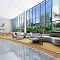 Modern Casual Lounge Area With Large Windows City View Greenery And Chairs