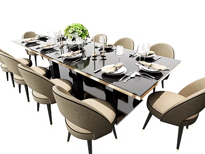 Dining Table Set With Black Glossy Tabletop Beige Chairs Tableware Wine Glasses Green Floral Centerpiece 3d model