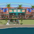 Modern Boutique Hotel Building Featuring Orange Blue Roof Palm Trees And Waterfront View