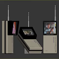 Three Electronic Devices With Antennas Display Screens And Different Images On White Base
