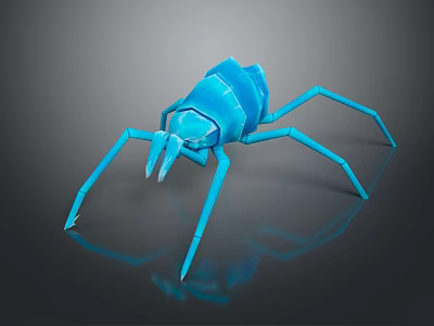 Detailed Blue Low Poly Spider 3D Model On Reflective Dark Background 3d model
