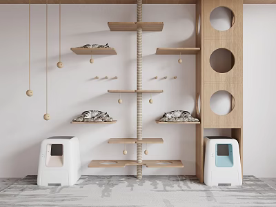 Cat Supplies Setup With Tree Shelves Hanging Balls And Litter Boxes 3d model