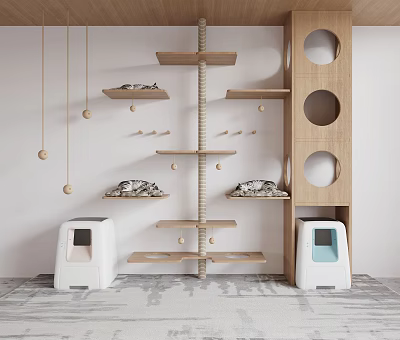 Cat Supplies Setup With Tree Shelves Hanging Balls And Litter Boxes 3d model