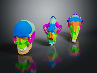 Colorful Anatomical Skull Organ Models With Hair Details On Black Reflective Background 3d model