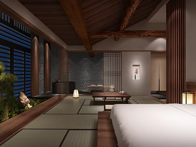 Japanese Style Hotel Room With Wooden Ceiling Tatami Mats And Shoji Doors 3d model