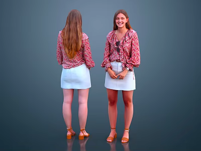 Woman in Red Floral Blouse and White Skirt Back and Front Views with Brown Shoes 3d model