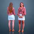 Woman in Red Floral Blouse and White Skirt Back and Front Views with Brown Shoes