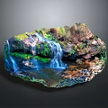 Natural Garden Landscape Featuring Waterfall Rocks Green Vegetation And Small Pond