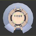 Cartoon Scene Of Round Blue Arena With Open Entrance And Interior Small Characters