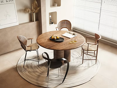 Round Wooden Dining Table Set With Four Chairs Fruit Platter Round Rug And Window Blinds 3d model