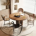 Round Wooden Dining Table Set With Four Chairs Fruit Platter Round Rug And Window Blinds