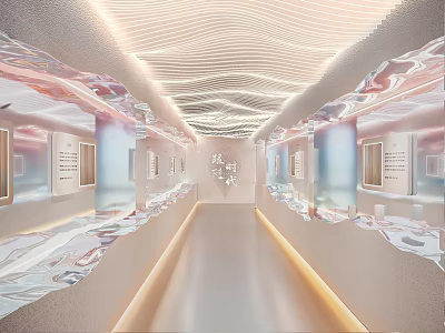 Modern Exhibition Hall Corridor With Glass Display Cases And Ambient Lighting Design 3d model
