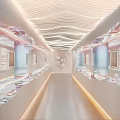Modern Exhibition Hall Corridor With Glass Display Cases And Ambient Lighting Design
