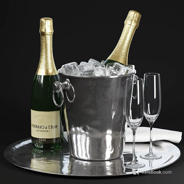 Elegant Champagne Bottles and Ice Bucket with Ice Cubes and Wine Glasses on Tray 3d model 