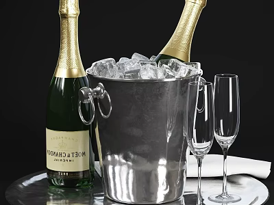 Elegant Champagne Bottles and Ice Bucket with Ice Cubes and Wine Glasses on Tray 3d model