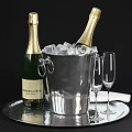 Elegant Champagne Bottles and Ice Bucket with Ice Cubes and Wine Glasses on Tray