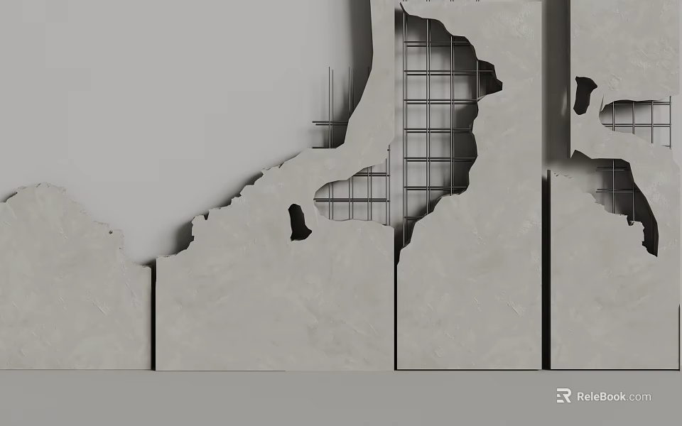 Damaged Concrete Wall With Partially Peeling Sections Exposing Steel Reinforcement Structure 3d model 