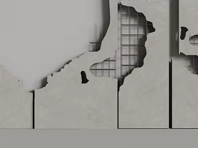 Damaged Concrete Wall With Partially Peeling Sections Exposing Steel Reinforcement Structure 3d model