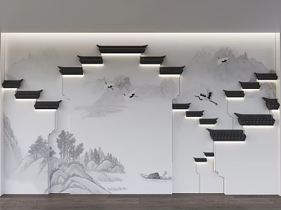 Ink Wash Landscape Background Wall With Black Eave Shaped Light Strips Mountains Flying Birds And Trees 3d model