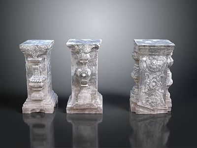 Three Intricate Stone Carved Decorative Pillars With Ornate Patterns Sculpture Artwork 3d model