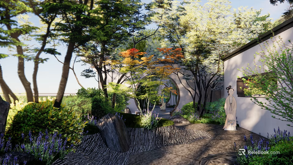 Traditional Chinese Garden Landscape With Colorful Trees Moon Gate Rock Formations And Stone Statue 3d model 