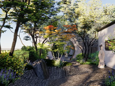 Traditional Chinese Garden Landscape With Colorful Trees Moon Gate Rock Formations And Stone Statue 3d model