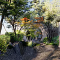 Traditional Chinese Garden Landscape With Colorful Trees Moon Gate Rock Formations And Stone Statue