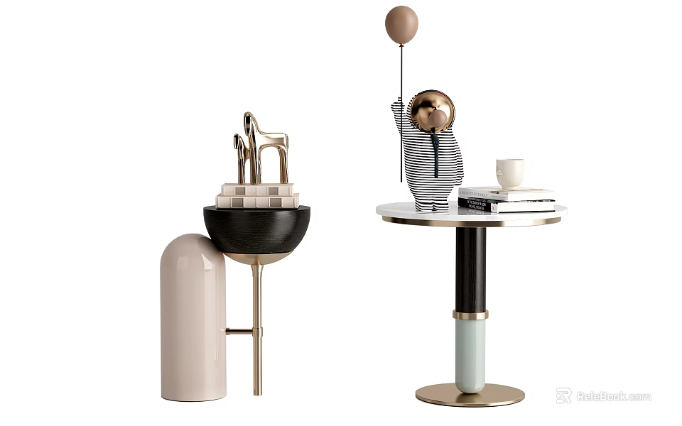 Elegant Modern Round Side Table With Metal Base And Decorative Items On Top 3d model 