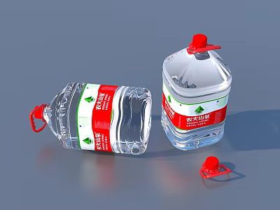 Two Transparent Nature Label Water Bottles With Red Caps Handles Standing Lying On Gray Surface 3d model