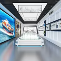 Modern Exploration Exhibition Hall with Blue Walls Digital Screens White Podiums Circular Ceiling Lights