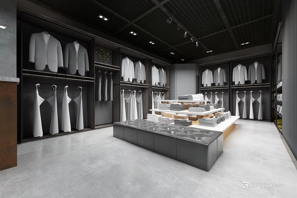 Modern Clothing Store Interior Design Featuring Hanging Clothes Display Racks Central Table And Lighting 3d model 