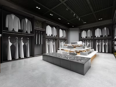 Modern Clothing Store Interior Design Featuring Hanging Clothes Display Racks Central Table And Lighting 3d model