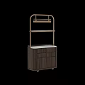 Modern Wooden Cabinet Units With Brass Metal Shelves And White Stone Countertop