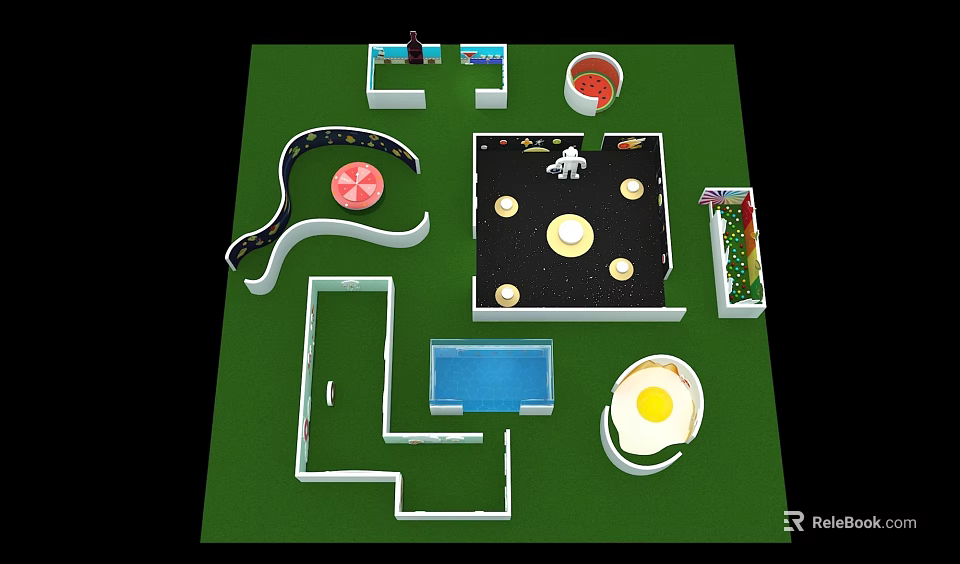 Cartoon Scene Layout With Curved Path Blue Pool And Colorful Plants 3d model 