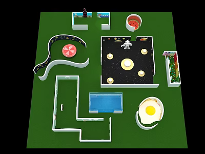Cartoon Scene Layout With Curved Path Blue Pool And Colorful Plants 3d model