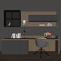 Modern Home Office Desk With Bookshelf Cabinet Table Lamp And Grey Chair