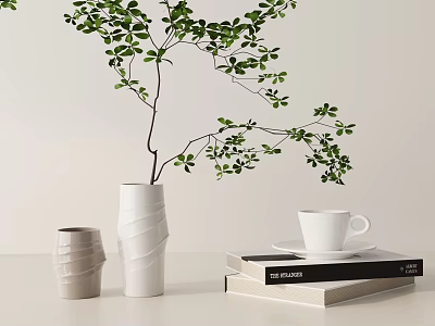 Modern Decorative Ornament Combination with White Vase Green Branches Gray Cup Books and Coffee Cup 3d model