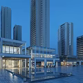 Modern Commercial Street With Tall Skyscrapers Spacious Plaza Water Pool And Pedestrians