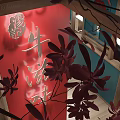 Traditional Hot Pot Restaurant With Red Background Beef Flavor Wooden Structure And Leaf Decorations