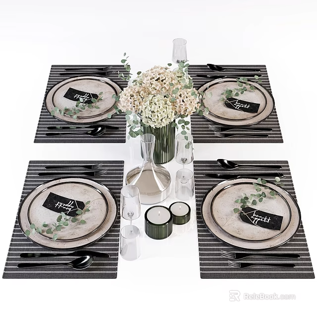 Elegant Dinnerware Set With Plates Cutlery Striped Placemats Decorative Bouquet And Glassware On Dining Table 3d model 