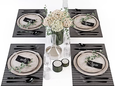 Elegant Dinnerware Set With Plates Cutlery Striped Placemats Decorative Bouquet And Glassware On Dining Table 3d model