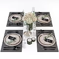 Elegant Dinnerware Set With Plates Cutlery Striped Placemats Decorative Bouquet And Glassware On Dining Table