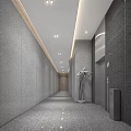 Modern Elevator Lobby Design With Gray Textured Walls Wooden Panels And Ceiling Lights
