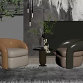 Modern Beige Single Sofa Pair with Small Table Green Plant and Night View 3d model