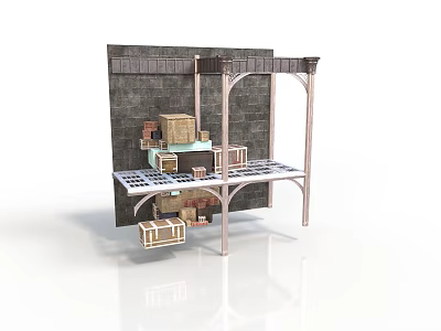 Architectural Shelf with Metal Brackets Displaying Wooden Crates Against Gray Brick Wall 3d model