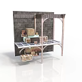 Architectural Shelf with Metal Brackets Displaying Wooden Crates Against Gray Brick Wall