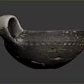 Ancient Carved Clay Bowl With Intricate Patterns And Decorative Handle
