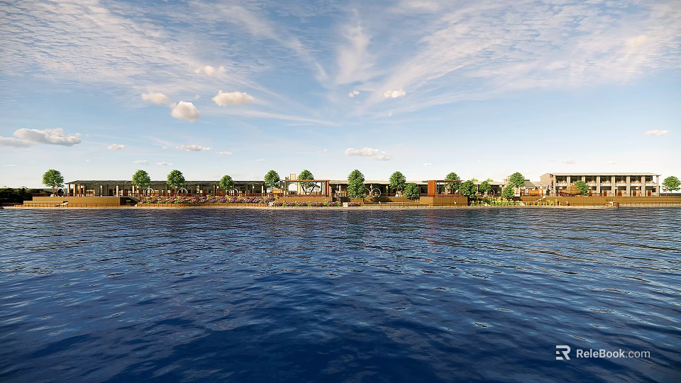 Rural Landscape With Waterfront Blue Sky White Clouds And Village Houses 3d model 