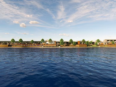 Rural Landscape With Waterfront Blue Sky White Clouds And Village Houses 3d model